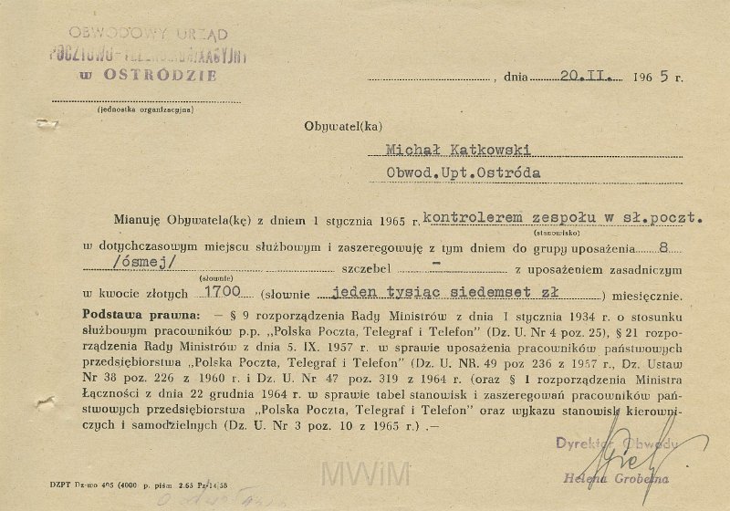 KKE 5572.jpg - Dok. Pismo z Obwodowego Urzędu Pocztowo-Telekomunijkacyjnego w Ostródzie do Michała Katkowskiego dotyczące awansu zawodowego, Ostróda, 20 II 1965 r.